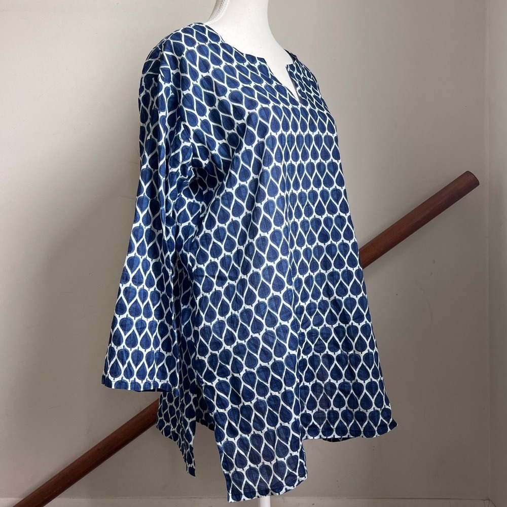 Block Print Cotton Tunic Top Large Blue Leaf Split Neck Boho Earthy Oversized